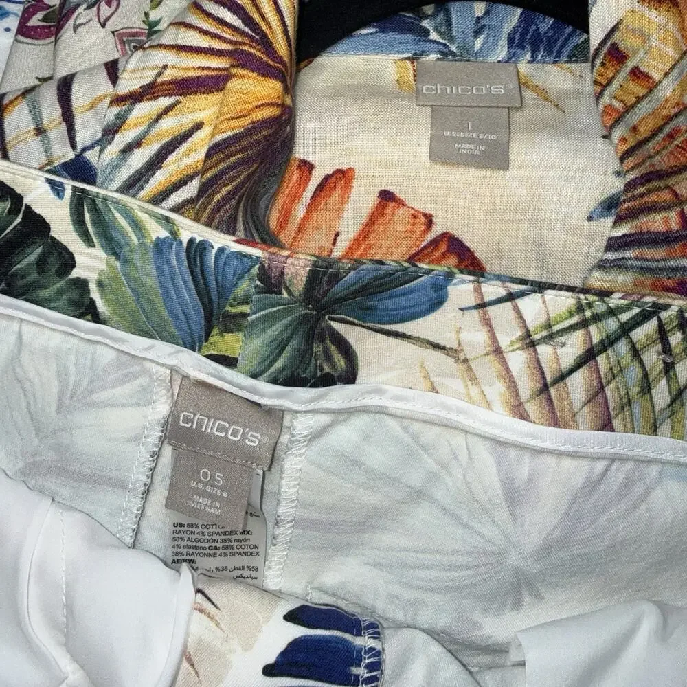 Chico's Tropical Leaf Print Pantsuit in Cream, Blue, Green, Orange